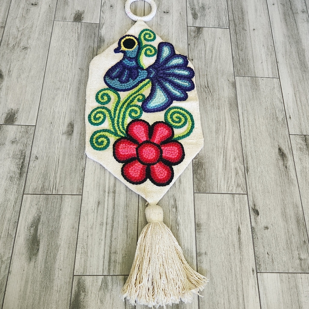 Rare Vintage Bohemiam Folkart Crewel Tapestry Canvas Embroidered Bird Hanging